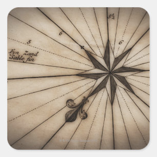 Adesivo Quadrado Feche acima do rosa de vento no mapa antigo