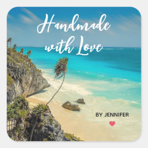Adesivo Quadrado Feita à mão com amor bela praia tropical