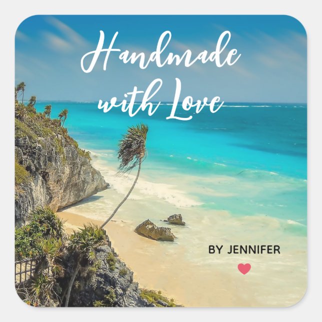 Adesivo Quadrado Feita à mão com amor bela praia tropical (Frente)