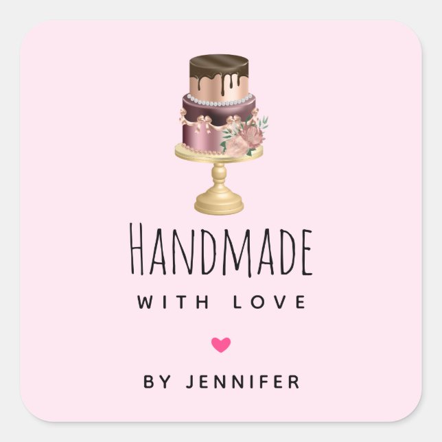 Adesivo Quadrado Feita à mão com Bolo de Amor (Frente)