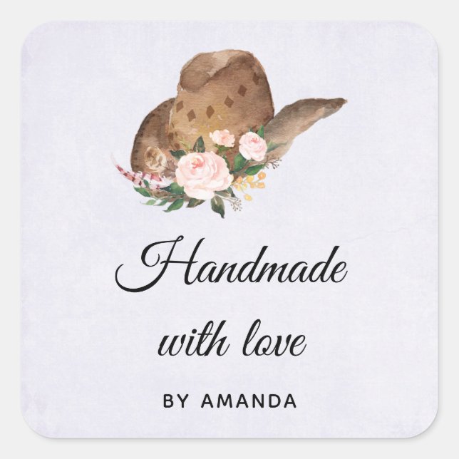 Adesivo Quadrado Feita à mão com chapinha de vaca com flores rosa (Frente)