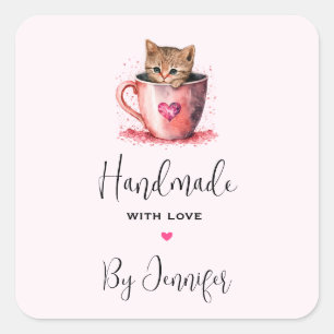 Adesivo Quadrado Feita à mão com Kitten de Amor em Teacup com Coraç