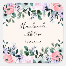Adesivo Quadrado Feita à mão com Love Pink & Green Floral Watercolo