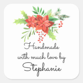 Adesivo Quadrado Feita à mão com o nome de amor Poinsettia Christma