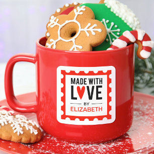 Adesivo Quadrado Feita Com Ama De Coração Vermelha