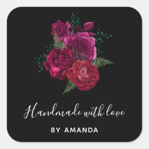 Adesivo Quadrado Feita com amor, Buquê Floral Elegante Magenta Rosa