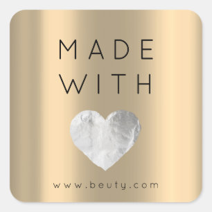 Adesivo Quadrado Feita Com Amor Coração Sepia, Dourada Cinza De Nom