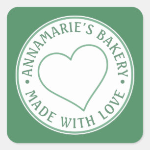 Adesivo Quadrado Feita com Amor e Coração Personalizado Verde