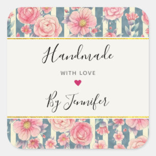 Adesivo Quadrado Feita com Amor Flores de Aquarela Rosa em Stripes