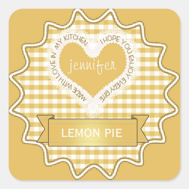 Adesivo Quadrado Feita Com Amor, Gingham Amarelo (Frente)