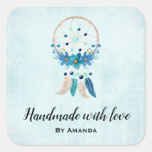Adesivo Quadrado Feita com Amor, Na moda do Dreamcatcher Blue