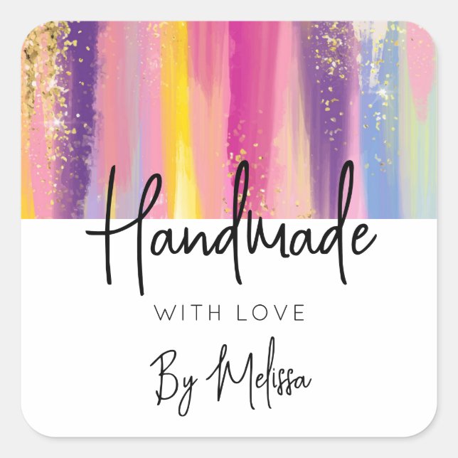 Adesivo Quadrado Feita com amor, Rainbow Strike com Dourada Glitter (Frente)
