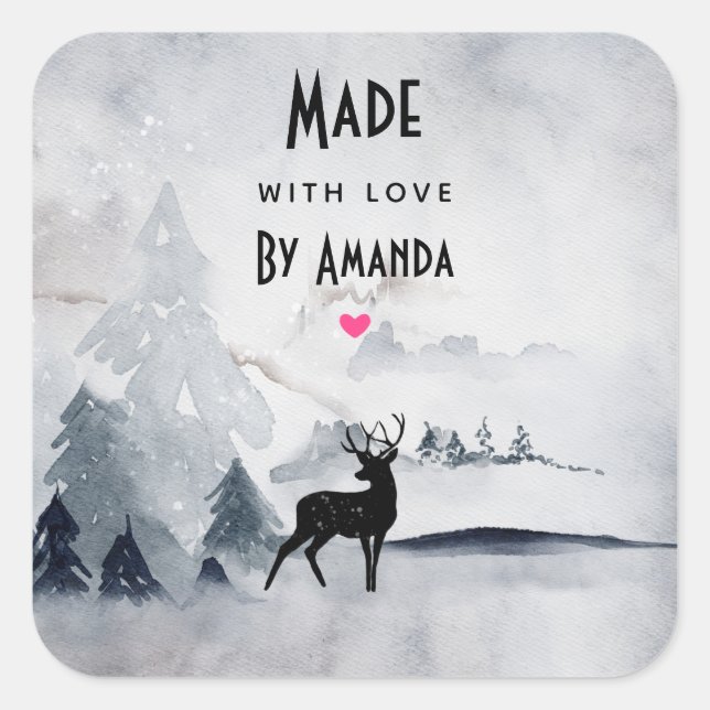 Adesivo Quadrado Feita com Amor, Reindeer Rustic Watercolor (Frente)