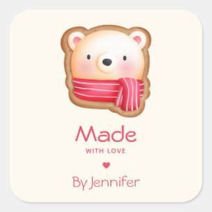 Adesivo Quadrado Feita com amor, Urso Bonito Rosto Vermelho
