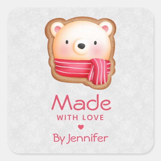Adesivo Quadrado Feita com amor, Urso Bonito Rosto Vermelho (Frente)