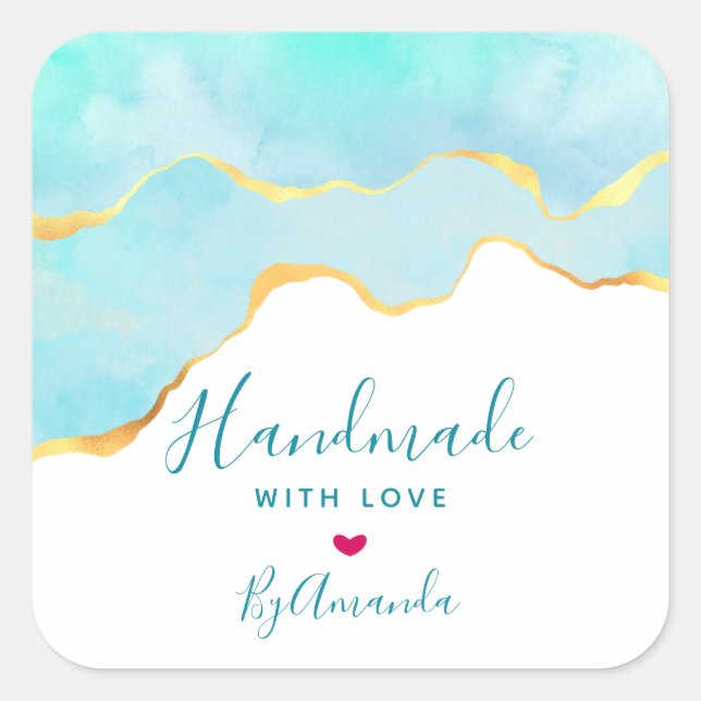 Adesivo Quadrado Feita com amor Verde tropical e Dourada fronteira  (Frente)