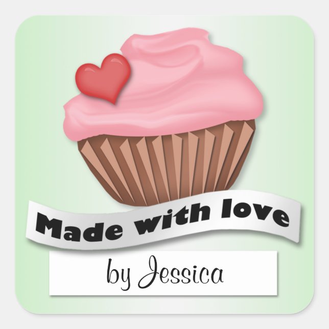 Adesivo Quadrado Feita Com Cupcake Rosa E Verde (Frente)