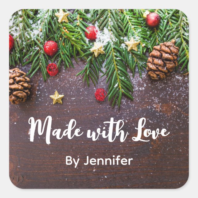 Adesivo Quadrado Feita com Mesa de Natal Russo com Amor com Pine e  (Frente)