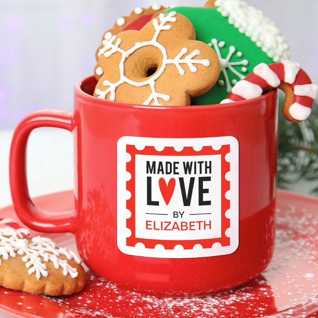 Adesivo Quadrado Feita Com Um Vetor De Coração Vermelho (A cute made with love sticker in with a stamp border. Personalize with your name)