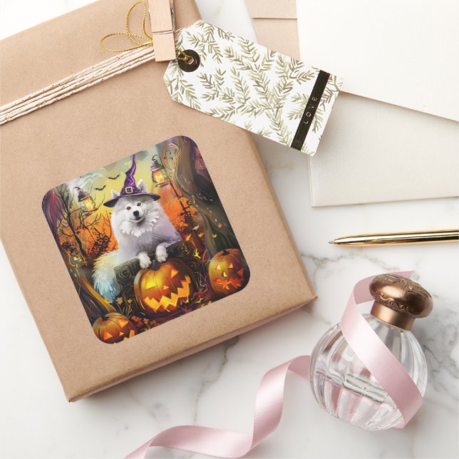 Adesivo Quadrado Feiticeira de Halloween e Abóbora Samoyed Samoyed (Presentear)