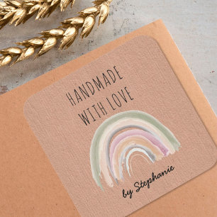 Adesivo Quadrado Feito à Mão com Amor Boho Arco-Íris Papel Kraft Rú