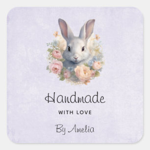 Adesivo Quadrado Feito à Mão com Amor Coelho e Flores Pastéis