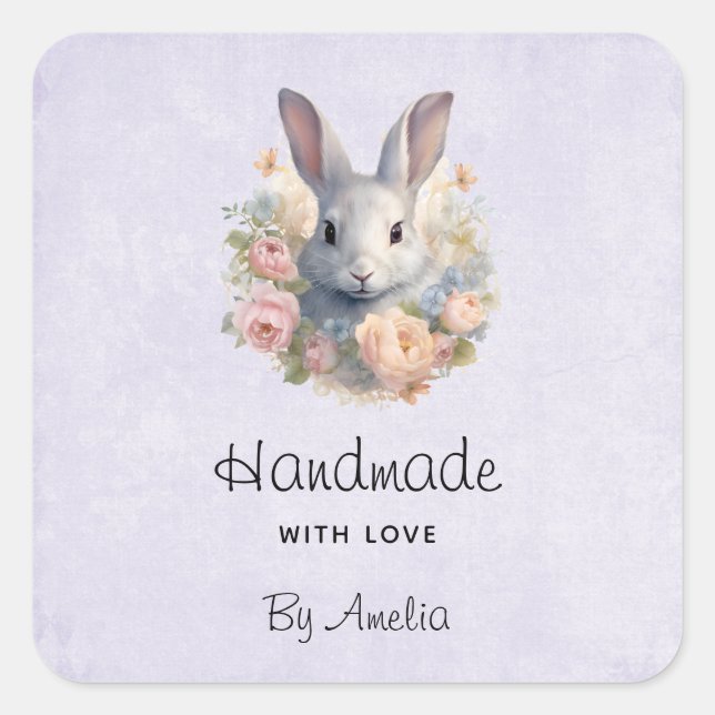 Adesivo Quadrado Feito à Mão com Amor Coelho e Flores Pastéis (Frente)