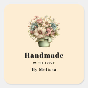 Adesivo Quadrado Feito à Mão com Amor Flores Caprichosas em um Vaso