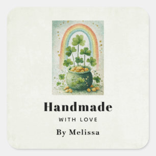 Adesivo Quadrado Feito à Mão com Amor Pote de Ouro e Arco-íris Vint