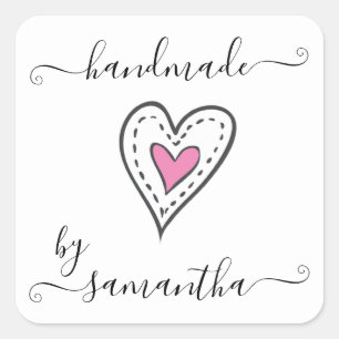 Adesivo Quadrado Feito à mão por Custom Name Pink Doodle Heart