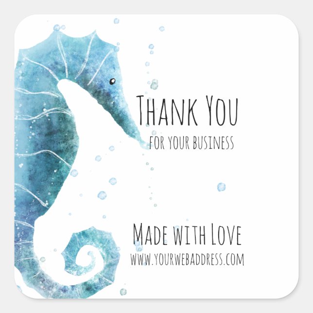 Adesivo Quadrado Feito com amor | Cavalo do Mar de Aquarela Obrigad (Frente)