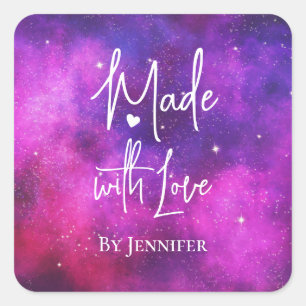 Adesivo Quadrado Feito com Amor, Rosa e Púrpura Espaço e Estrelas