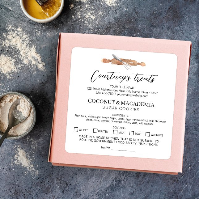 Adesivo Quadrado Feito Em Uma Cozinha Residencial, Em Arte Por Aqua (Minimal made in a home kitchen food stickers with watercolor bakery art)