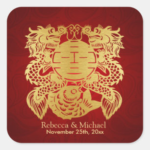 Adesivo Quadrado Felicidade dobro chinesa com dragões