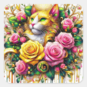 Adesivo Quadrado Feline em meio a um Blogue Floral Vibrante