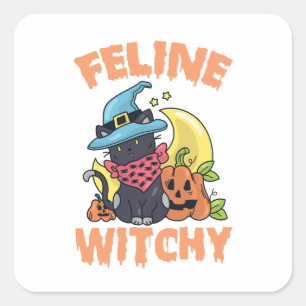 Adesivo Quadrado Feline Witchy Funny Spooky Gatinho Gatinho