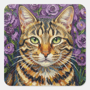Adesivo Quadrado Felino e Floral   Gato Tabby Cinza Artístico Fofo