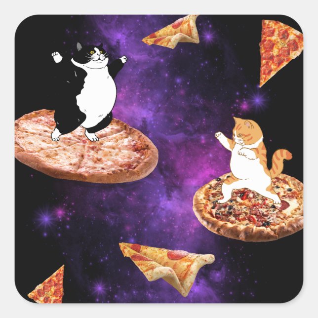 Adesivo Quadrado Felinos engraçados carregando pizza no espaço (Frente)