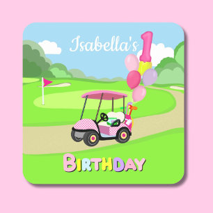 Adesivo Quadrado Feliz 1º Aniversário Menina Rosa Bolinha de Golfe 