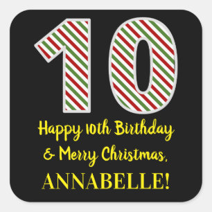 Adesivo Quadrado Feliz 10º aniversário e Feliz Natal, Nome Person