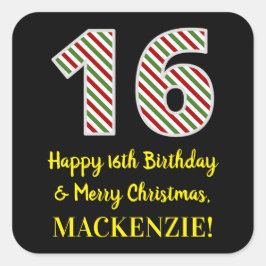Adesivo Quadrado Feliz 16º aniversário e Feliz Natal, Nome Personal