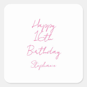 Adesivo Quadrado Feliz 16.º aniversário, cor-de-rosa, branco 6.º an