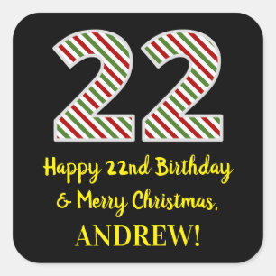 Adesivo Quadrado Feliz 22º aniversário e Feliz Natal, Nome Person