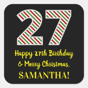 Adesivo Quadrado Feliz 27º aniversário e Feliz Natal, Nome Person