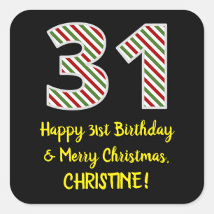 Adesivo Quadrado Feliz 31º Aniversário e Feliz Natal, Nome Person