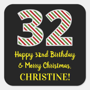 Adesivo Quadrado Feliz 32º aniversário e Feliz Natal, Nome Person