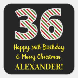Adesivo Quadrado Feliz 36º aniversário e Feliz Natal, Nome Person