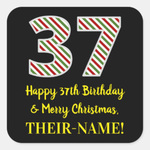 Adesivo Quadrado Feliz 37º aniversário e Feliz Natal, Nome Person