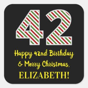 Adesivo Quadrado Feliz 42º Aniversário e Feliz Natal, Nome Person