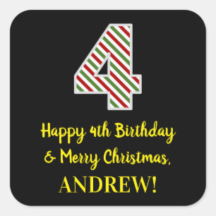 Adesivo Quadrado Feliz 4 de aniversário e feliz Natal, nome person